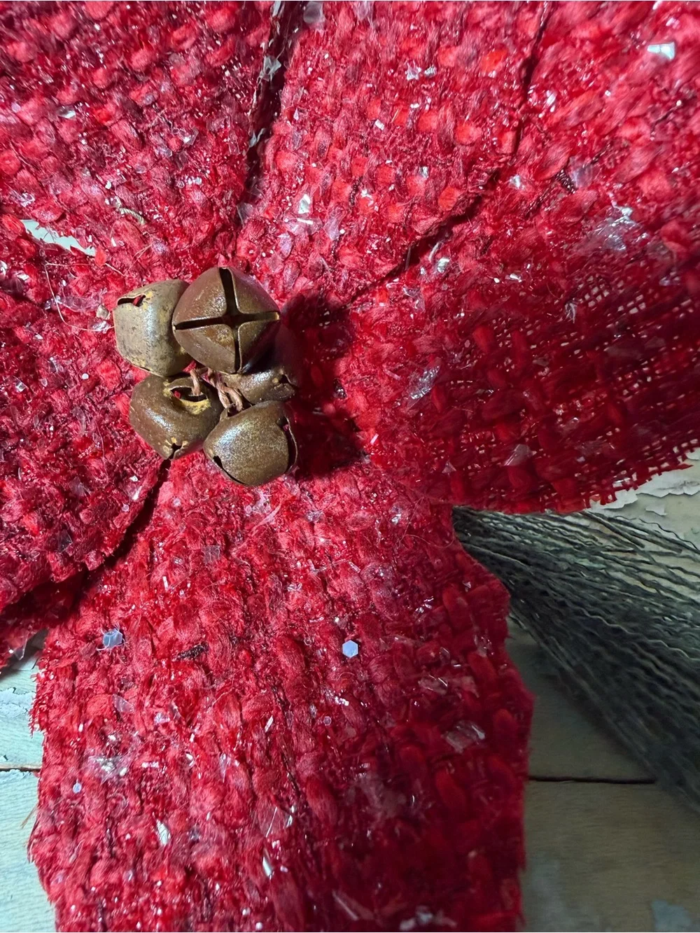 🎄 2 Poinsettia Holiday Floral Accent Set 1 Red Burlap Iced and 1 Plaid